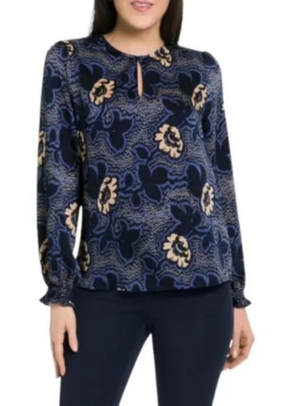 TED BAKER Blue Dotti Floral Print Blouse Size Large Long Sleeve Keyole Neckline